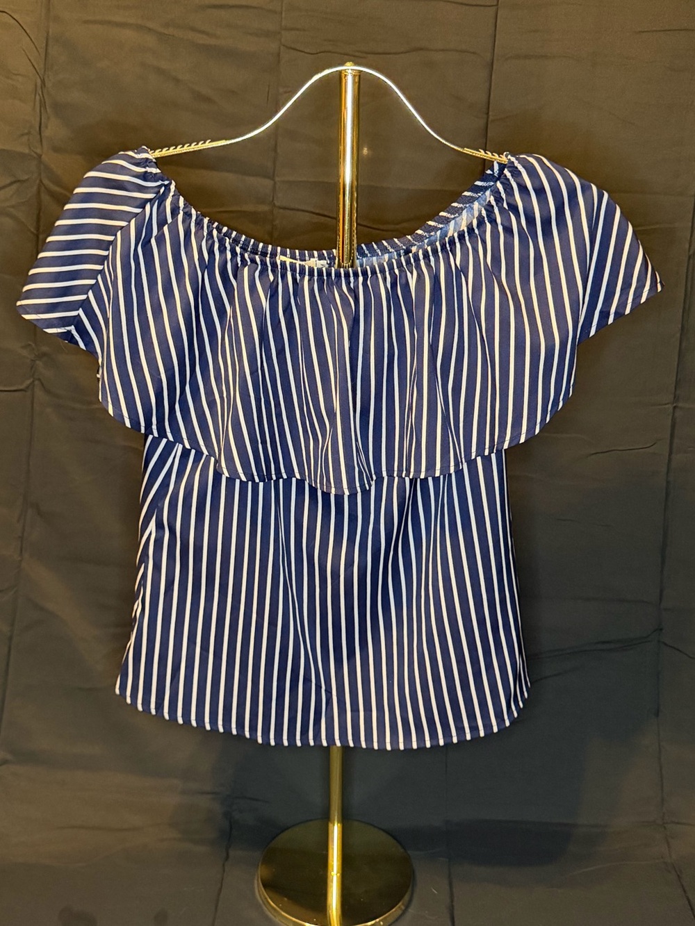 Striped Off-Shoulder Ruffle Top - Navy and White 0275